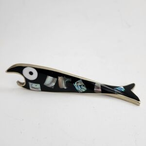 Vintage 5" Alpaca Silver Mexico Fish Bottle Opener, Handmade with Abalone Shell